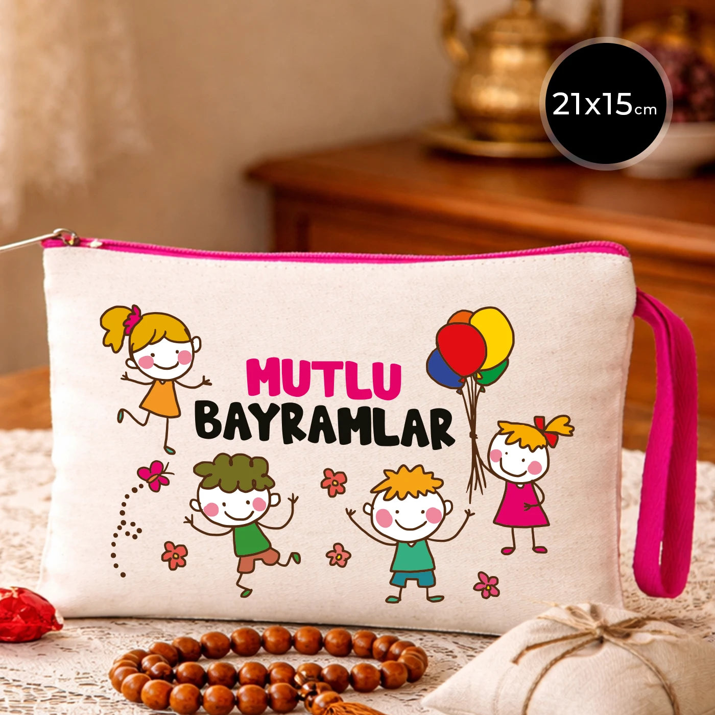 Krem kanvas 21x15 cm elde taşınabilir clutch, pembe fermuarlı, çocuklar ve balon "Mutlu Bayramlar" desenli Bayram hediyelik çanta