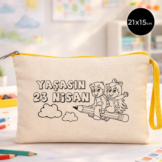 Yaşasın 23 Nisan Baskılı Bez Kalemlik / Çanta – Çocuk Hediyesi, 21x15 cm