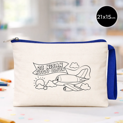 Boyanabilir 21x15 cm saks mavi fermuarlı clutch çanta - 23 Nisan Kutlu Olsun uçak baskılı, çocuklar için özel hediye kalemlik
