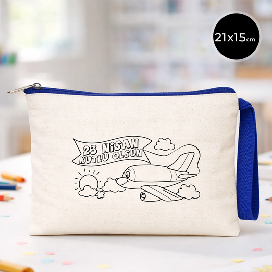 Boyanabilir 21x15 cm saks mavi fermuarlı clutch çanta - 23 Nisan Kutlu Olsun uçak baskılı, çocuklar için özel hediye kalemlik