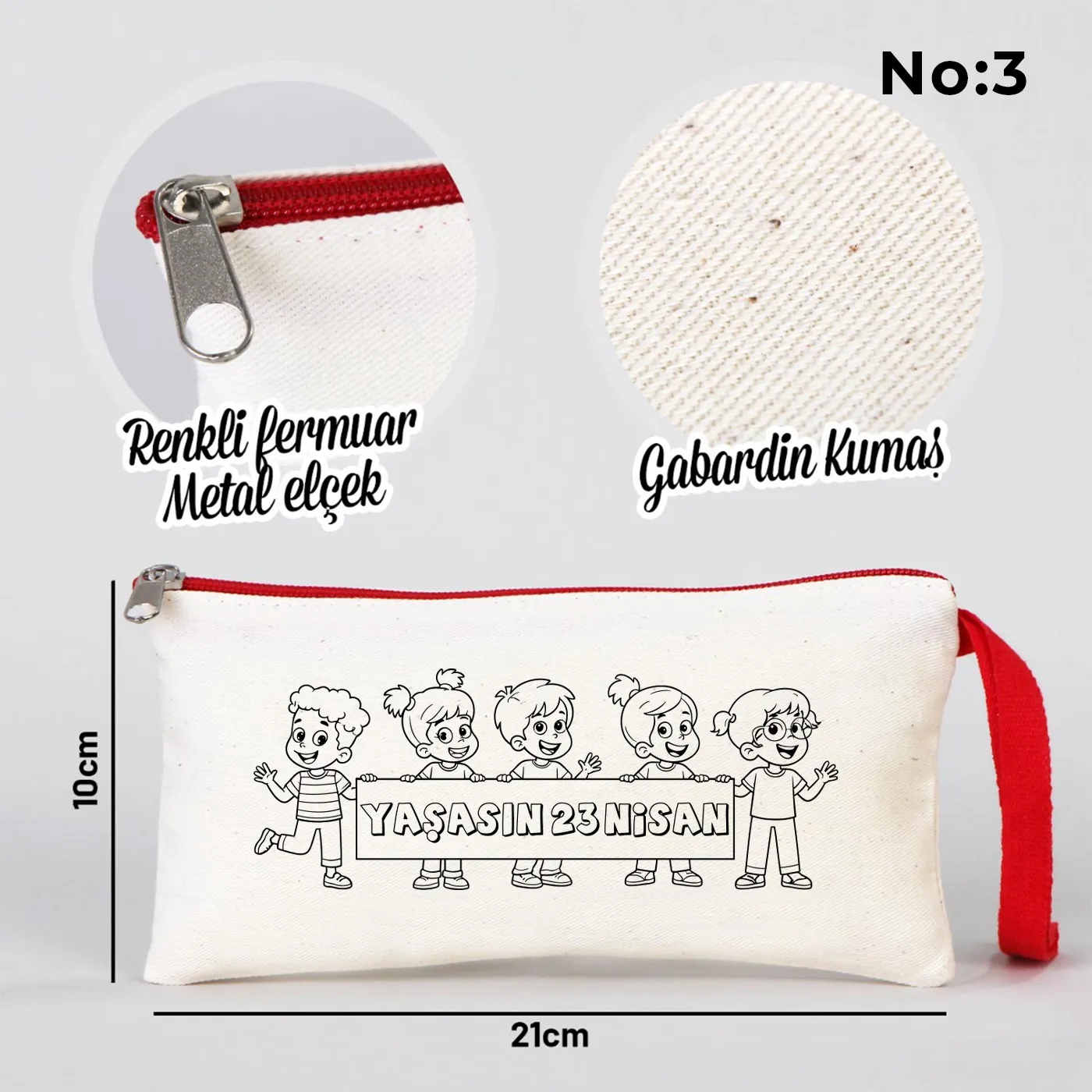 Boyanabilir kırmızı fermuarlı bez kese 21x10 cm - 23 Nisan hediyesi