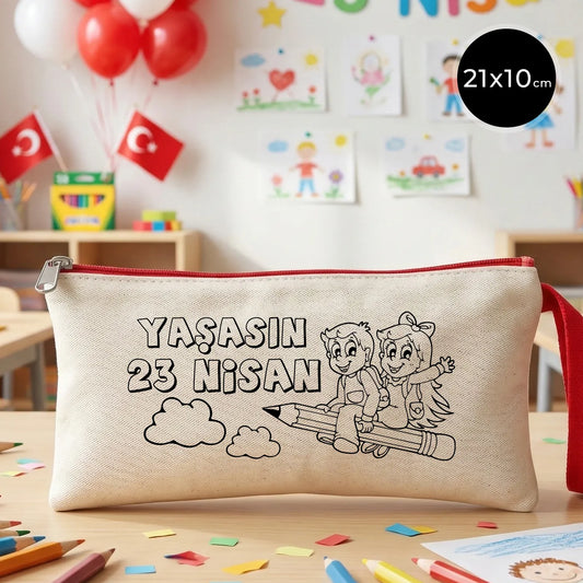 Boyanabilir kırmızı fermuarlı bez kese 21x10 cm - 23 Nisan hediyesi