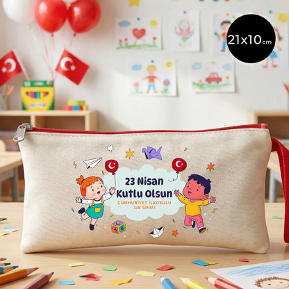 Kırmızı Fermuarlı Bez Kalemlik 21x10 cm - Özel Baskılı 23 Nisan Hediyesi