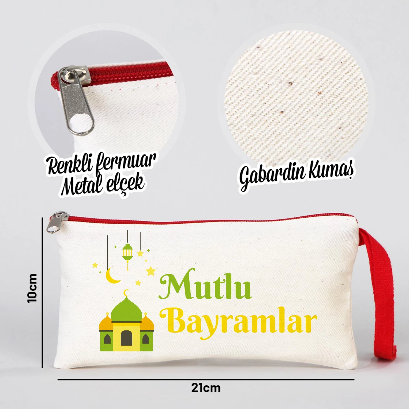 Renkli fermuarlı metal elçek detayına sahip gabardin kumaş Ramazan kalemliği, 21x10 cm ölçülerinde dayanıklı bez çanta