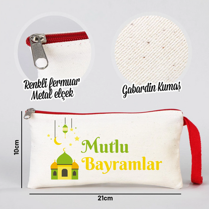 Renkli fermuarlı metal elçek detayına sahip gabardin kumaş Ramazan kalemliği, 21x10 cm ölçülerinde dayanıklı bez çanta