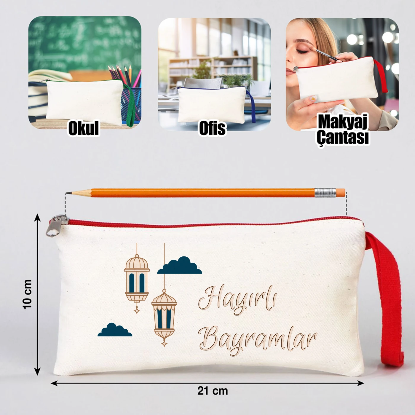 Çok amaçlı bez kalemlik kullanım alanları, okul kalemliği, ofis çantası ve makyaj çantası olarak kullanılabilen fermuarlı clutch