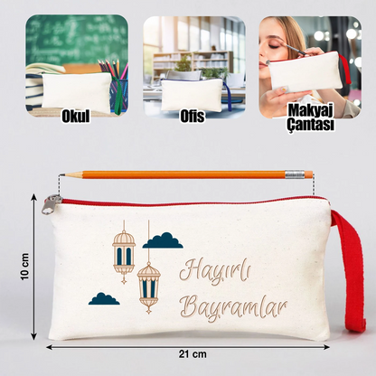 Çok amaçlı bez kalemlik kullanım alanları, okul kalemliği, ofis çantası ve makyaj çantası olarak kullanılabilen fermuarlı clutch