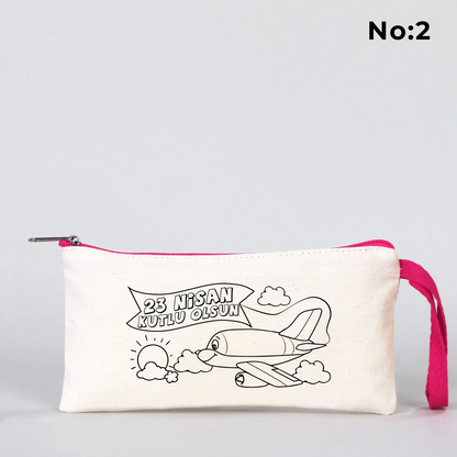 Boyanabilir Fuşya Fermuarlı Bez Kalemlik 21x10 cm - 23 Nisan Hediyesi