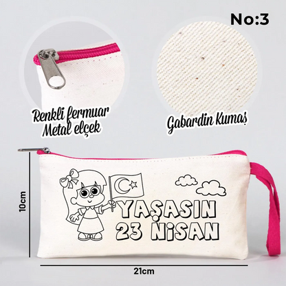 Boyanabilir Fuşya Fermuarlı Bez Kalemlik 21x10 cm - 23 Nisan Hediyesi