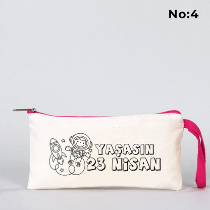 Boyanabilir Fuşya Fermuarlı Bez Kalemlik 21x10 cm - 23 Nisan Hediyesi
