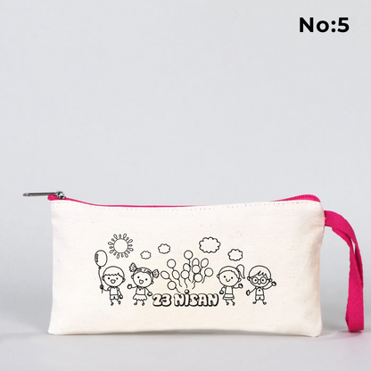 Boyanabilir Fuşya Fermuarlı Bez Kalemlik 21x10 cm - 23 Nisan Hediyesi