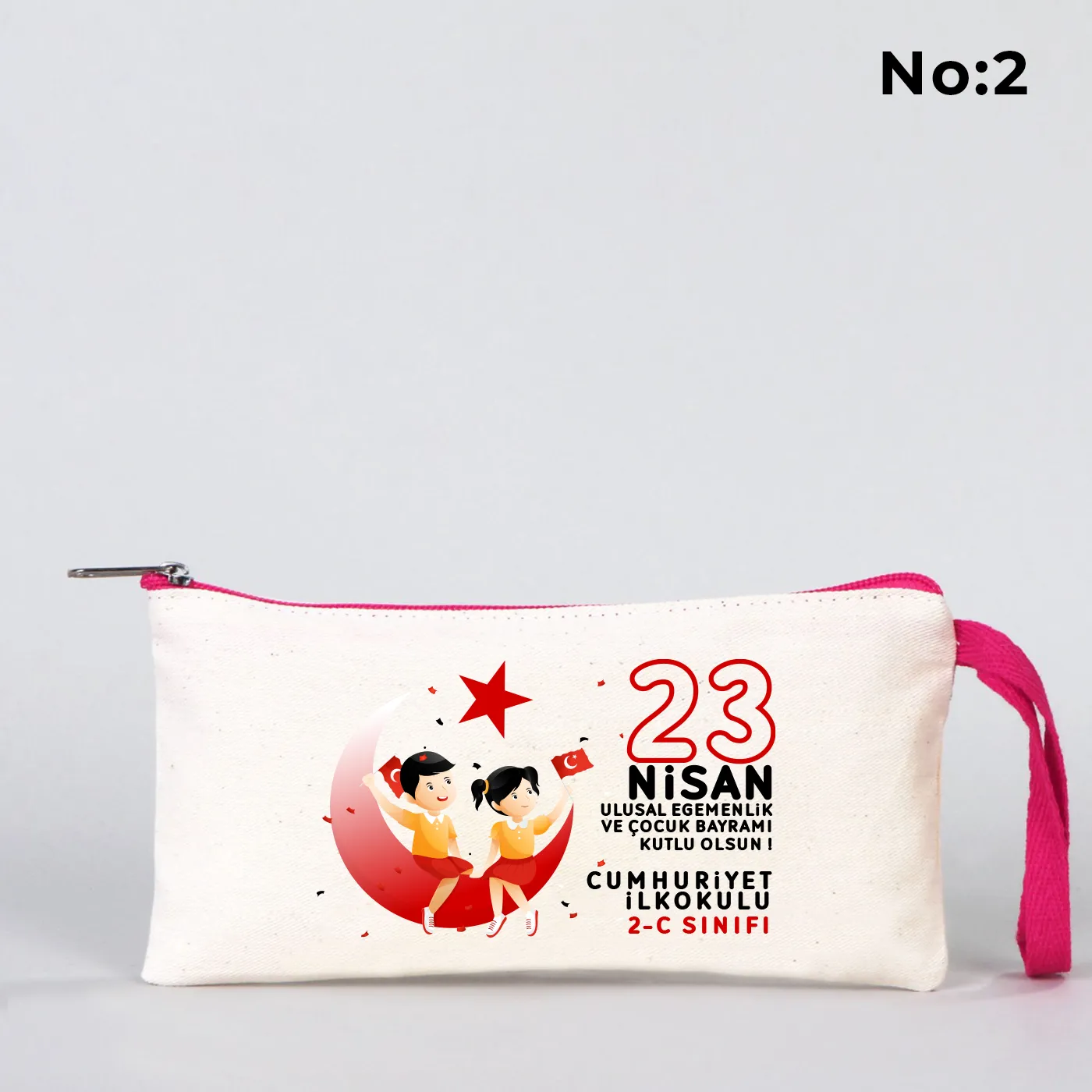 Fuşya Fermuarlı Bez Kalemlik 21x10 cm - Özel Baskılı 23 Nisan Hediyesi