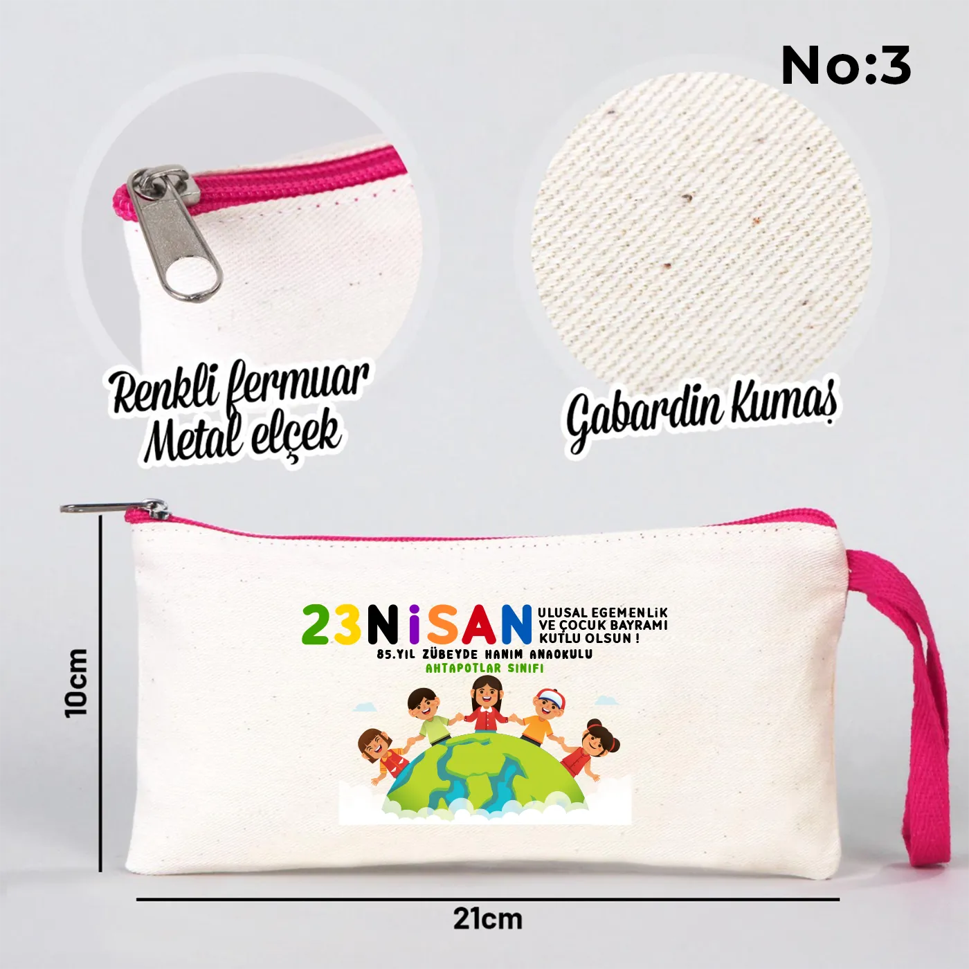 Fuşya Fermuarlı Bez Kalemlik 21x10 cm - Özel Baskılı 23 Nisan Hediyesi