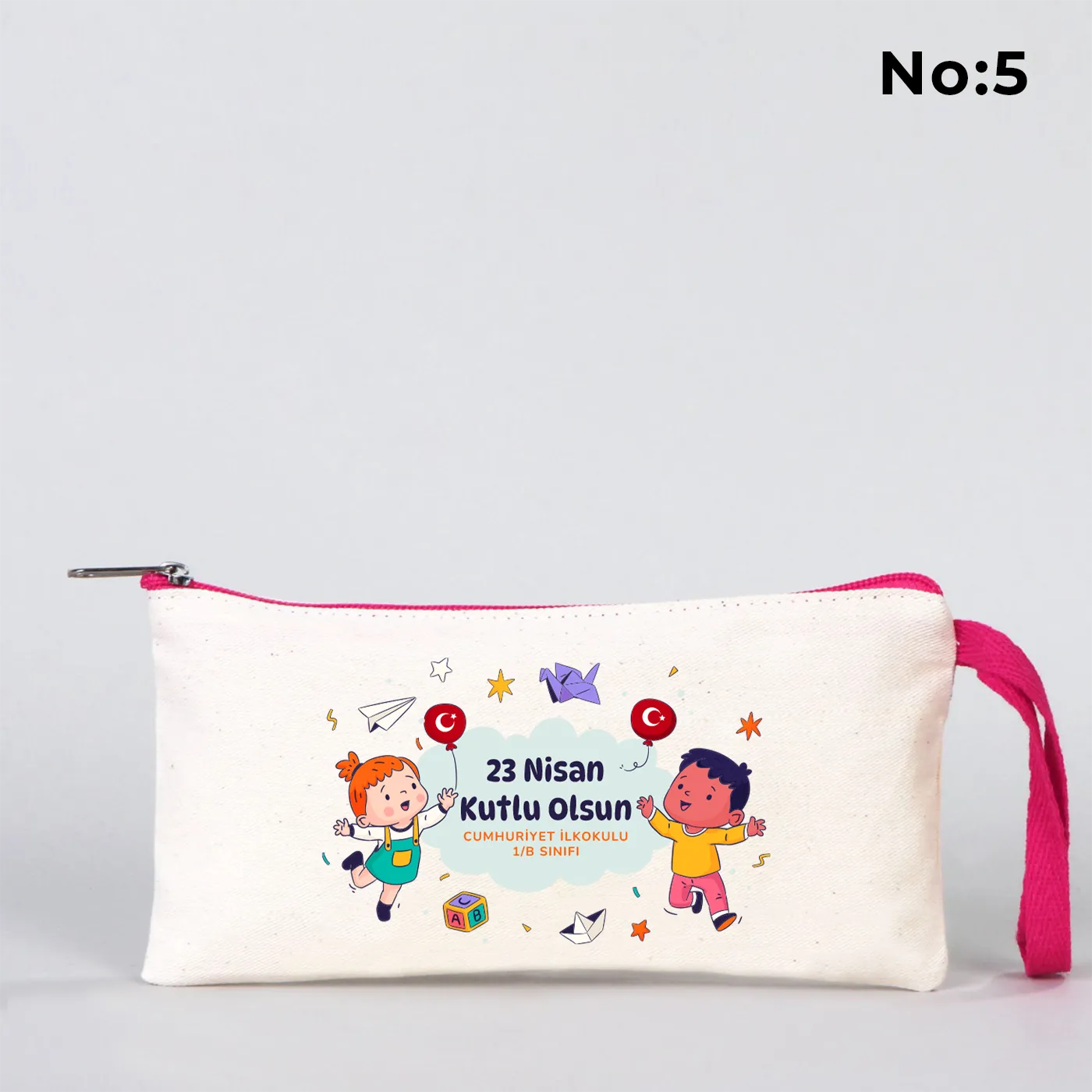 Fuşya Fermuarlı Bez Kalemlik 21x10 cm - Özel Baskılı 23 Nisan Hediyesi