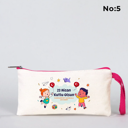 Fuşya Fermuarlı Bez Kalemlik 21x10 cm - Özel Baskılı 23 Nisan Hediyesi