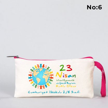 Fuşya Fermuarlı Bez Kalemlik 21x10 cm - Özel Baskılı 23 Nisan Hediyesi