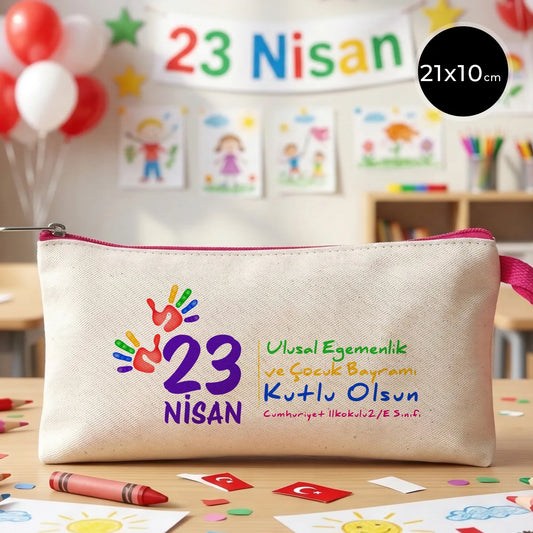 Fuşya Fermuarlı Bez Kalemlik 21x10 cm - Özel Baskılı 23 Nisan Hediyesi