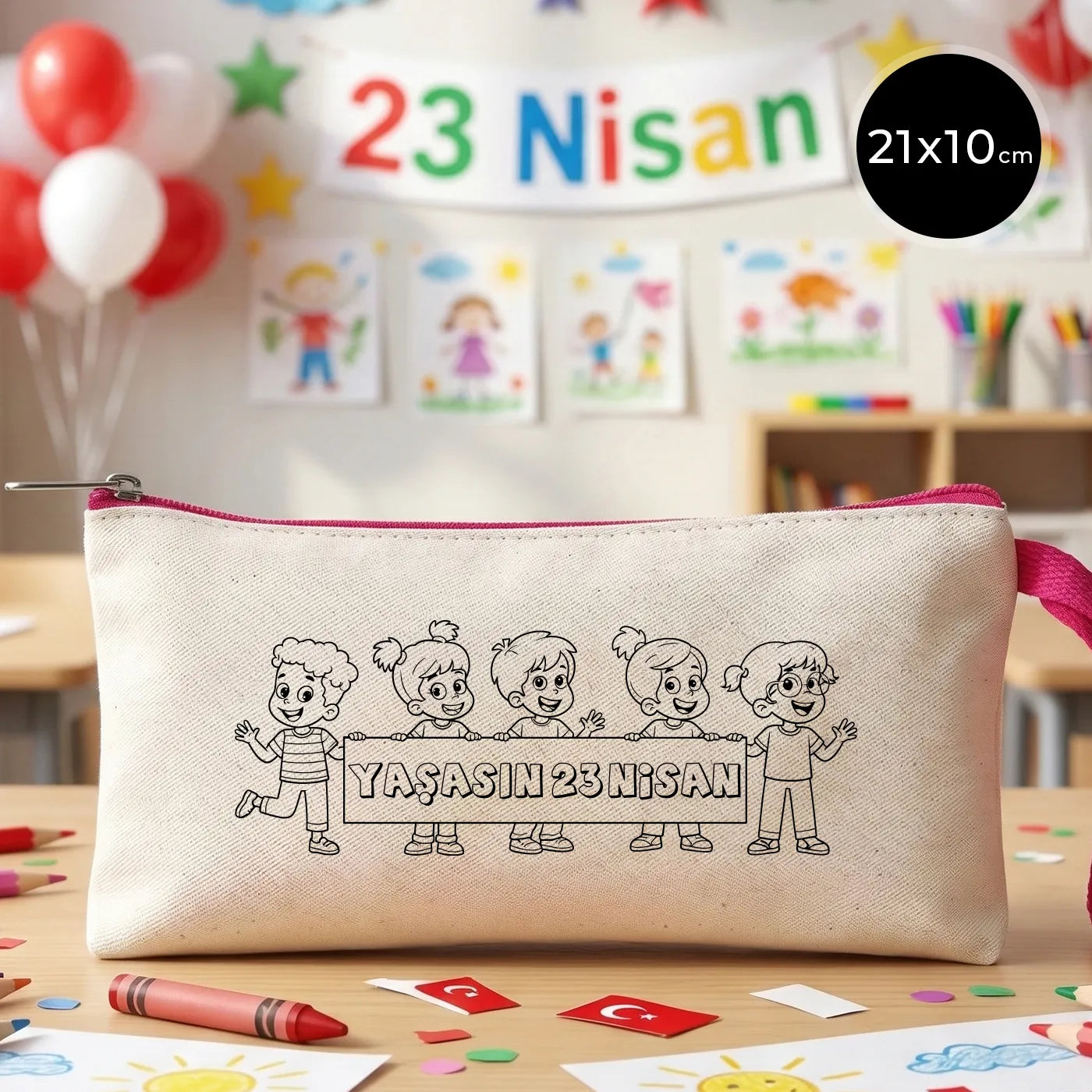 Boyanabilir Fuşya Fermuarlı Bez Kalemlik 21x10 cm - 23 Nisan Hediyesi