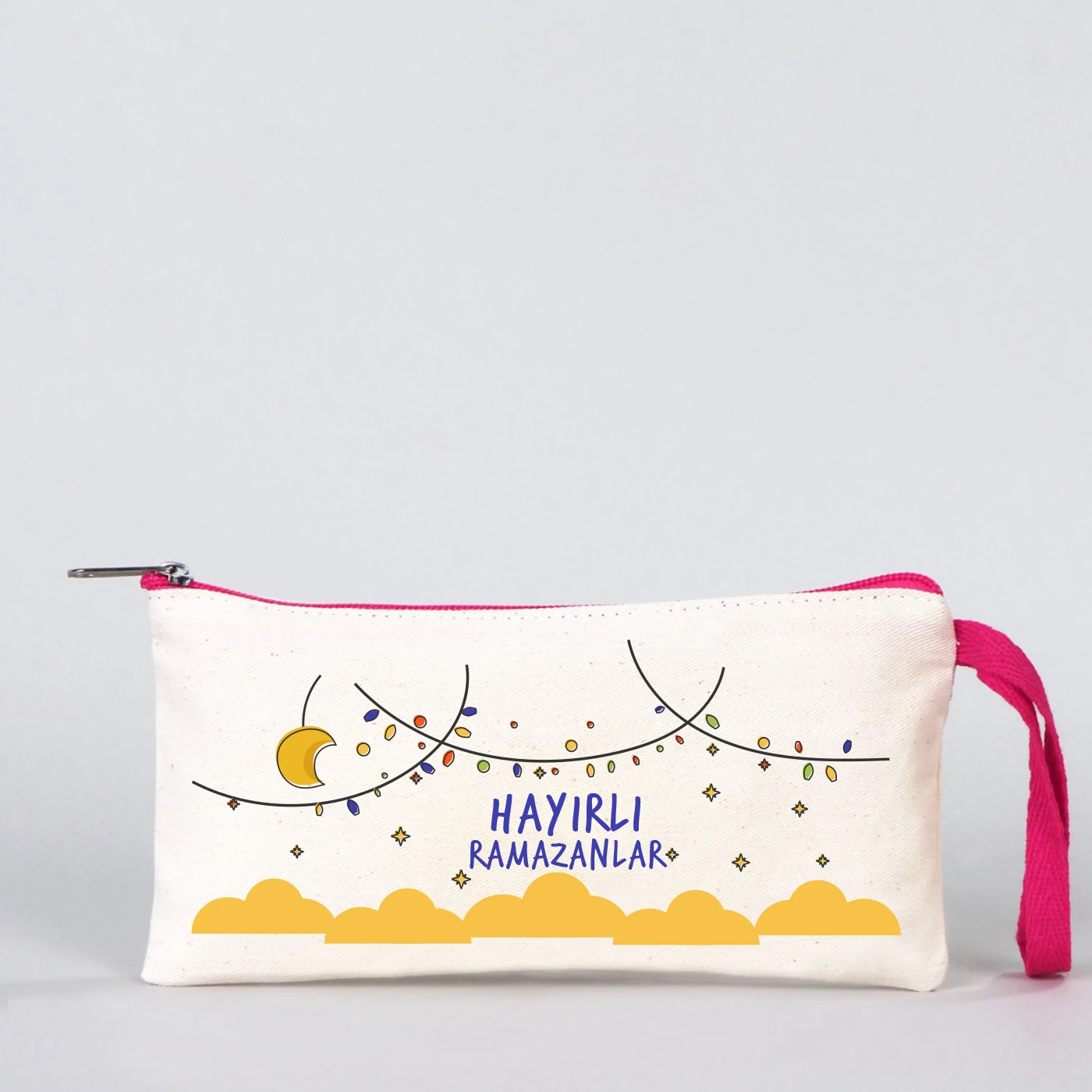 Hayırlı ramazanlar yazılı fermuarlı bez clutch, 21x10 cm pamuk gabardin kumaş, pembe fermuarlı çanta