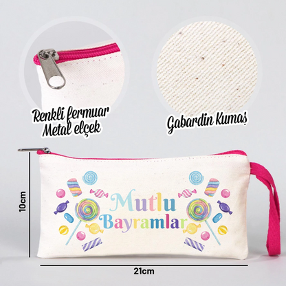 21x10 cm ölçülerinde fermuarlı ramazan clutch, metal elçekli pembe fermuar, gabardin kumaş bez çanta