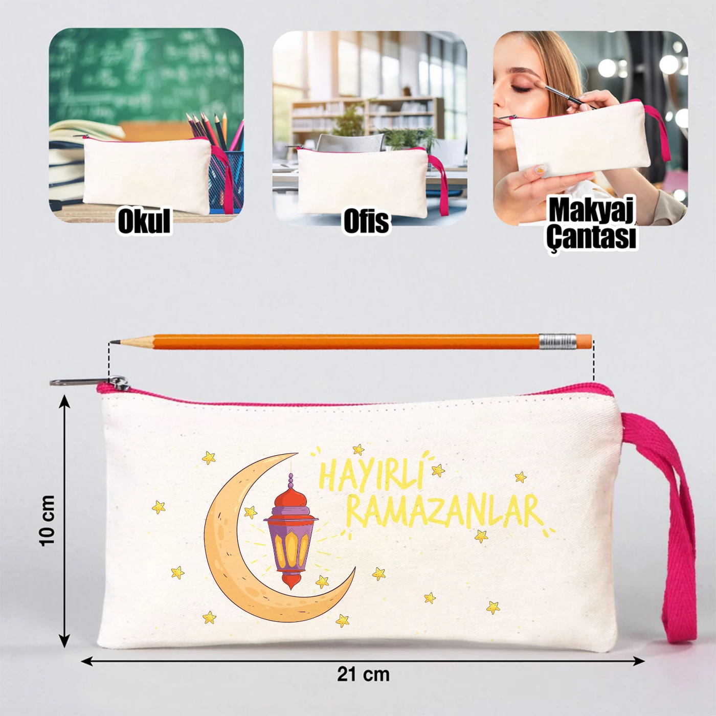 Çok amaçlı fermuarlı bez clutch, okul ofis ve makyaj çantası olarak kullanılabilen 21x10 cm ramazan çantası