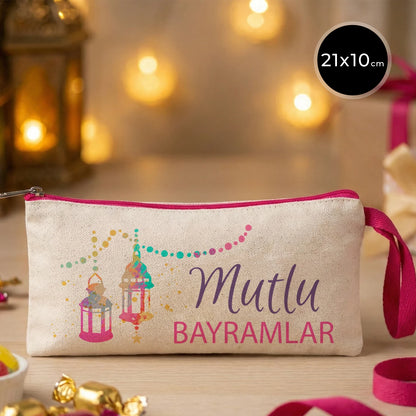 21x10 cm fermuarlı ramazan clutch çanta, mutlu bayramlar yazılı fener desenli, gabardin kumaş bez çanta