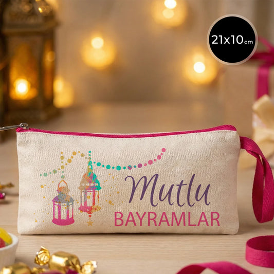21x10 cm fermuarlı ramazan clutch çanta, mutlu bayramlar yazılı fener desenli, gabardin kumaş bez çanta
