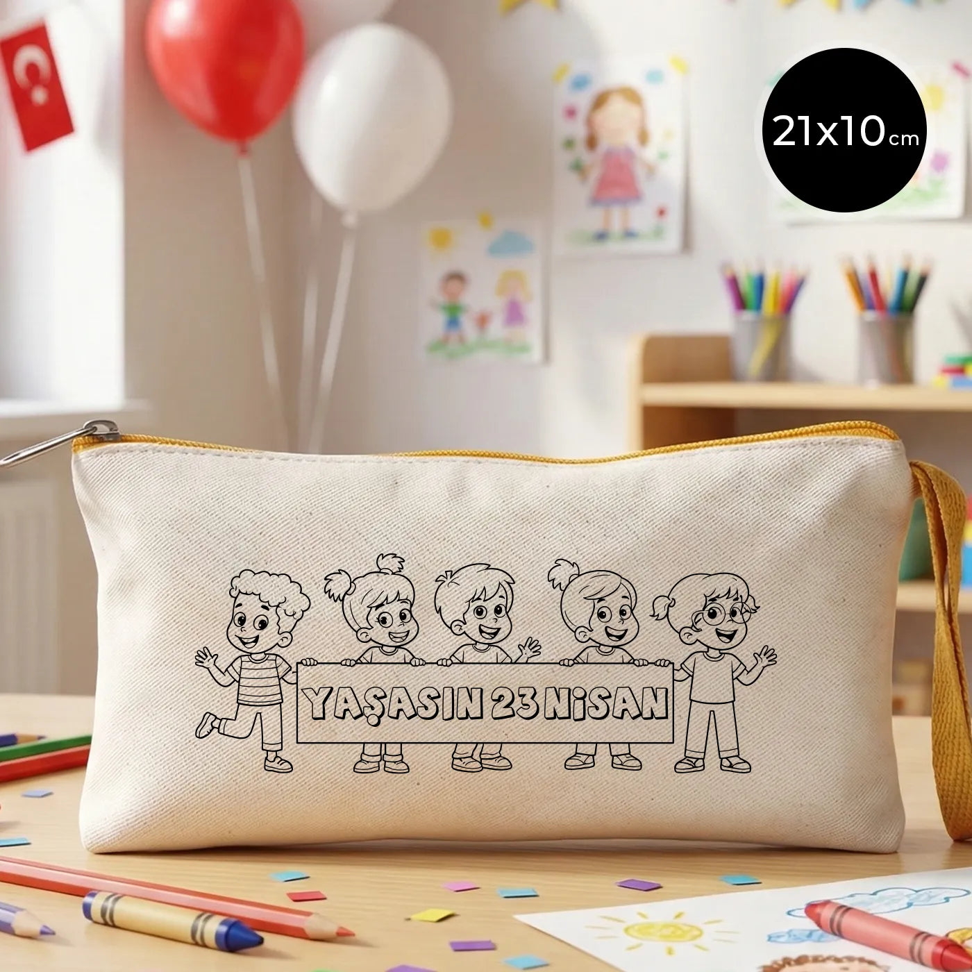 Boyanabilir bez kalemlik sarı fermuarlı 21x10 cm - bayram hediyesi