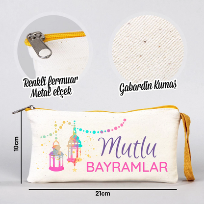 Bayram temalı 21x10 cm kanvas fermuarlı kalem çantası, sarı fermuar, “Mutlu Bayramlar” yazılı cami yıldız motifli