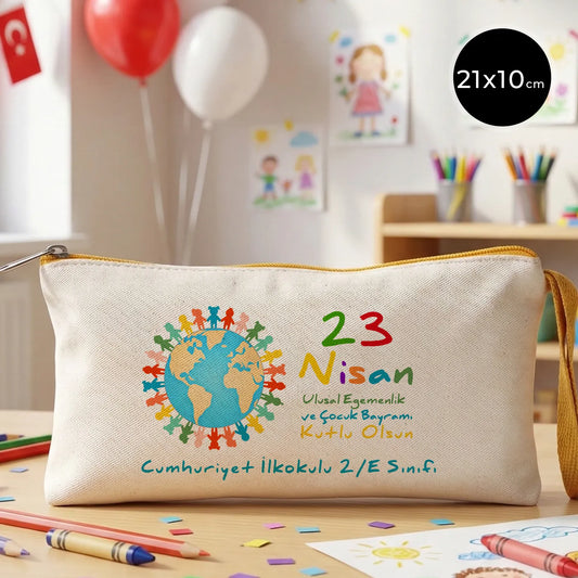23 Nisan hediyesi sarı fermuarlı bez kalemlik 21x10 cm