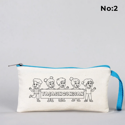 Boyanabilir turkuaz fermuarlı bez kese 21x10 cm - 23 Nisan hediyesi