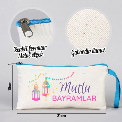 Bayram temalı 21x10 kanvas fermuarlı kalem çantası, turkuaz fermuar, renkli şeker motifli “Mutlu Bayramlar” yazılı