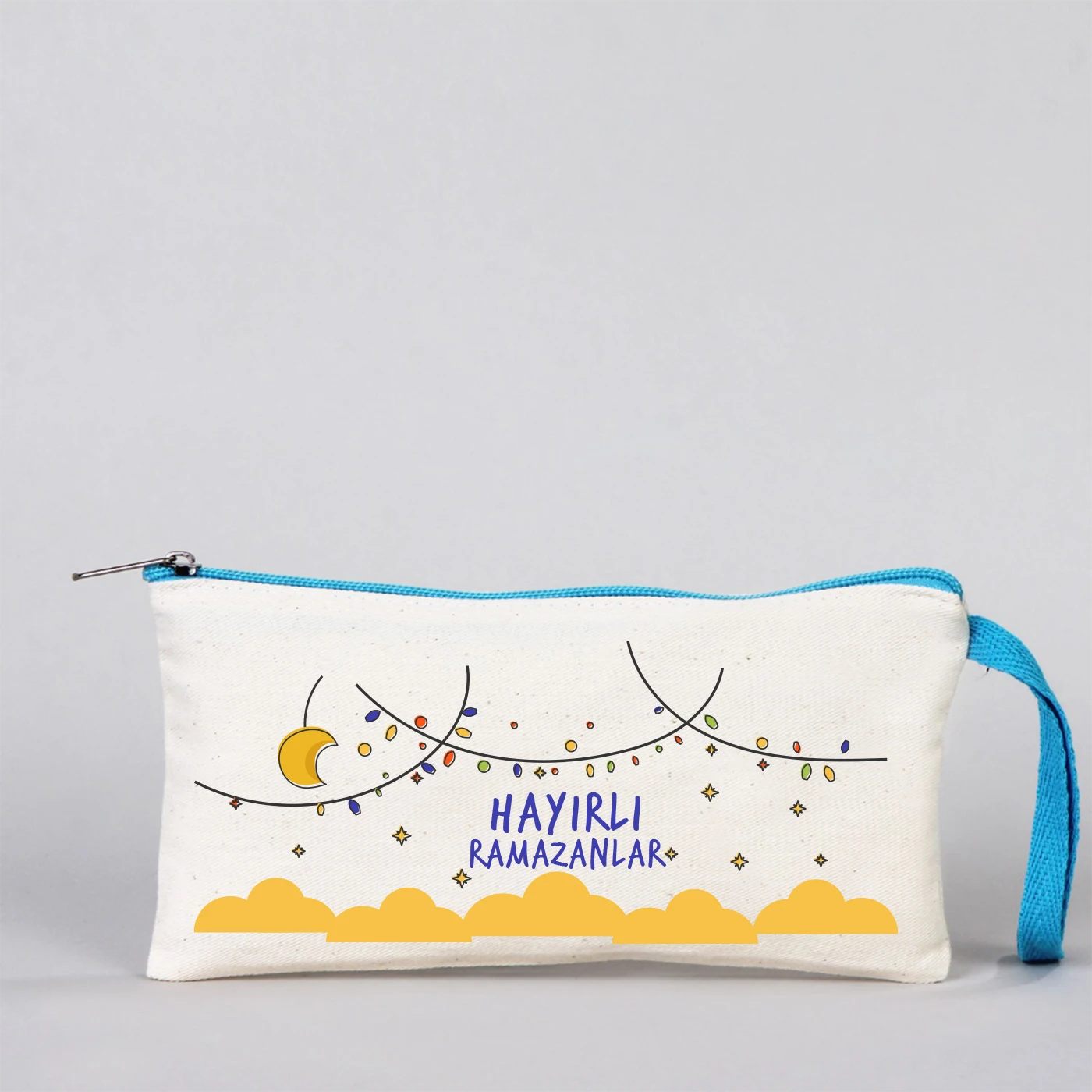 Bayram temalı 21x10 cm kanvas fermuarlı kalem çantası, turkuaz fermuar, renkli şeker motifli Mutlu Bayramlar yazılı