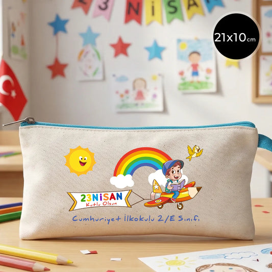 Turkuaz Fermuarlı Bez Kalemlik 21x10 cm - Özel Baskılı 23 Nisan Hediyesi