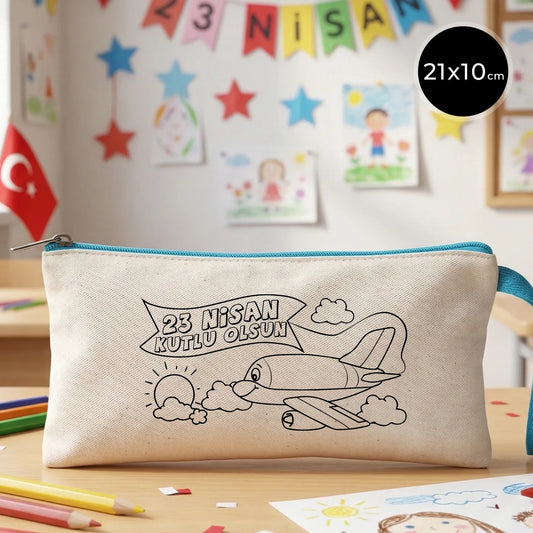 Boyanabilir turkuaz fermuarlı bez kese 21x10 cm - 23 Nisan hediyesi