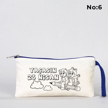 Boyanabilir Saks Mavi Fermuarlı Bez Kalemlik 21x10 cm - 23 Nisan Hediyesi