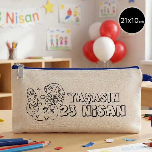 Boyanabilir Saks Mavi Fermuarlı Bez Kalemlik 21x10 cm - 23 Nisan Hediyesi