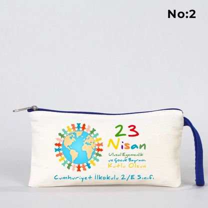 Saks Mavi Fermuarlı Bez Kalemlik 21x10 cm - Özel Baskılı 23 Nisan Hediyesi