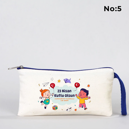 Saks Mavi Fermuarlı Bez Kalemlik 21x10 cm - Özel Baskılı 23 Nisan Hediyesi