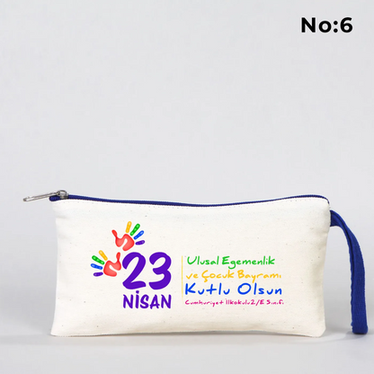 Saks Mavi Fermuarlı Bez Kalemlik 21x10 cm - Özel Baskılı 23 Nisan Hediyesi