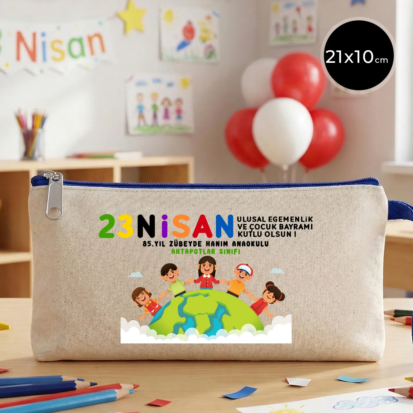 Saks Mavi Fermuarlı Bez Kalemlik 21x10 cm - Özel Baskılı 23 Nisan Hediyesi