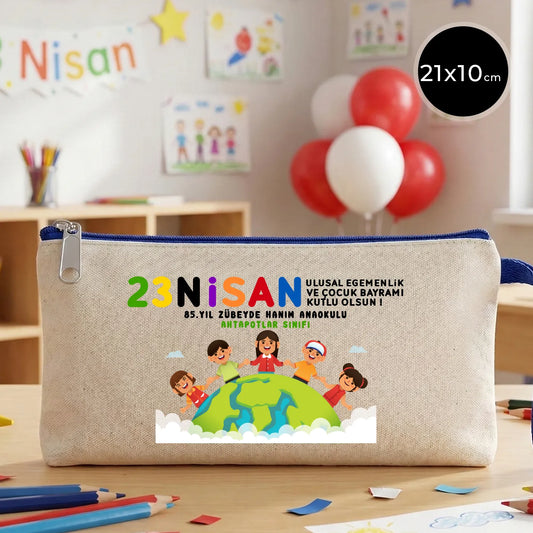 Saks Mavi Fermuarlı Bez Kalemlik 21x10 cm - Özel Baskılı 23 Nisan Hediyesi