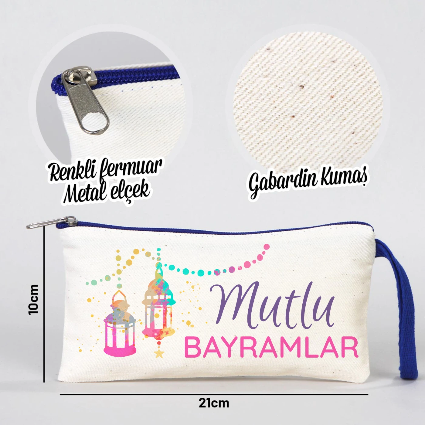 Krem kanvas fermuarlı kalemlik 21x10 cm, lacivert detaylı, “İyi Bayramlar” yazılı Bayram hediyelik kalemlik