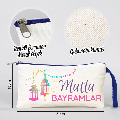 Krem kanvas fermuarlı kalemlik 21x10 cm, lacivert detaylı, “İyi Bayramlar” yazılı Bayram hediyelik kalemlik