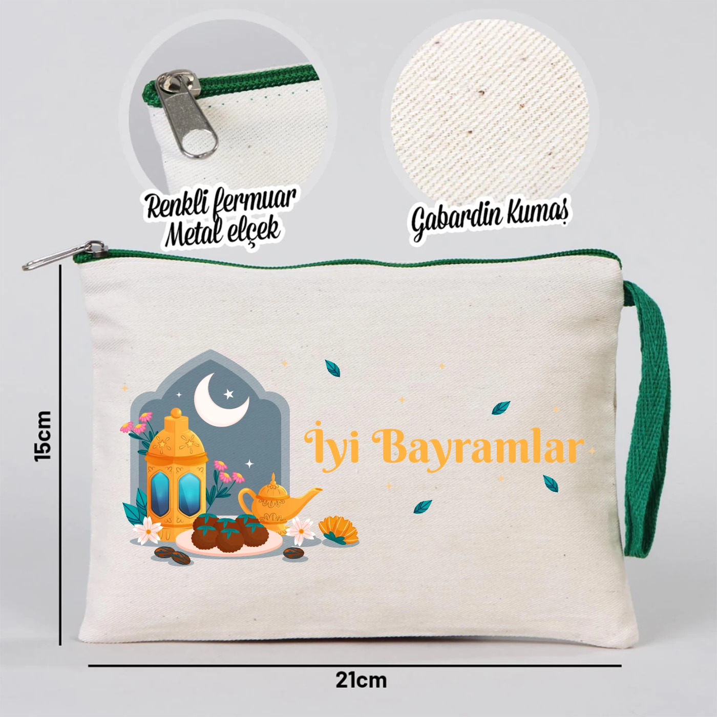 Krem kanvas 21x15 cm elde taşınabilir clutch, yeşil fermuarlı, cami figürlü “Mutlu Bayramlar” yazılı Bayram hediye çanta