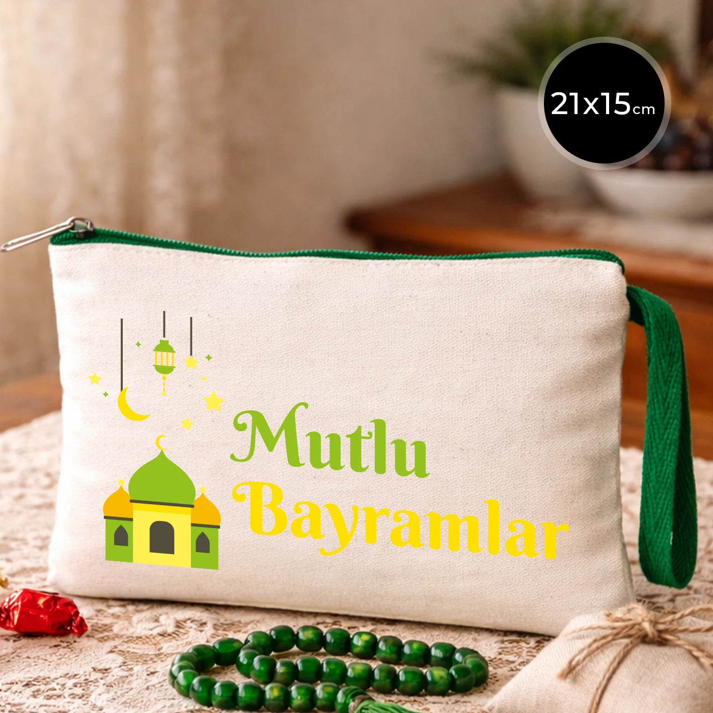 Krem kanvas 21x15 cm elde taşınabilir clutch, yeşil fermuarlı, cami figürlü “Mutlu Bayramlar” yazılı Bayram hediyelik çanta