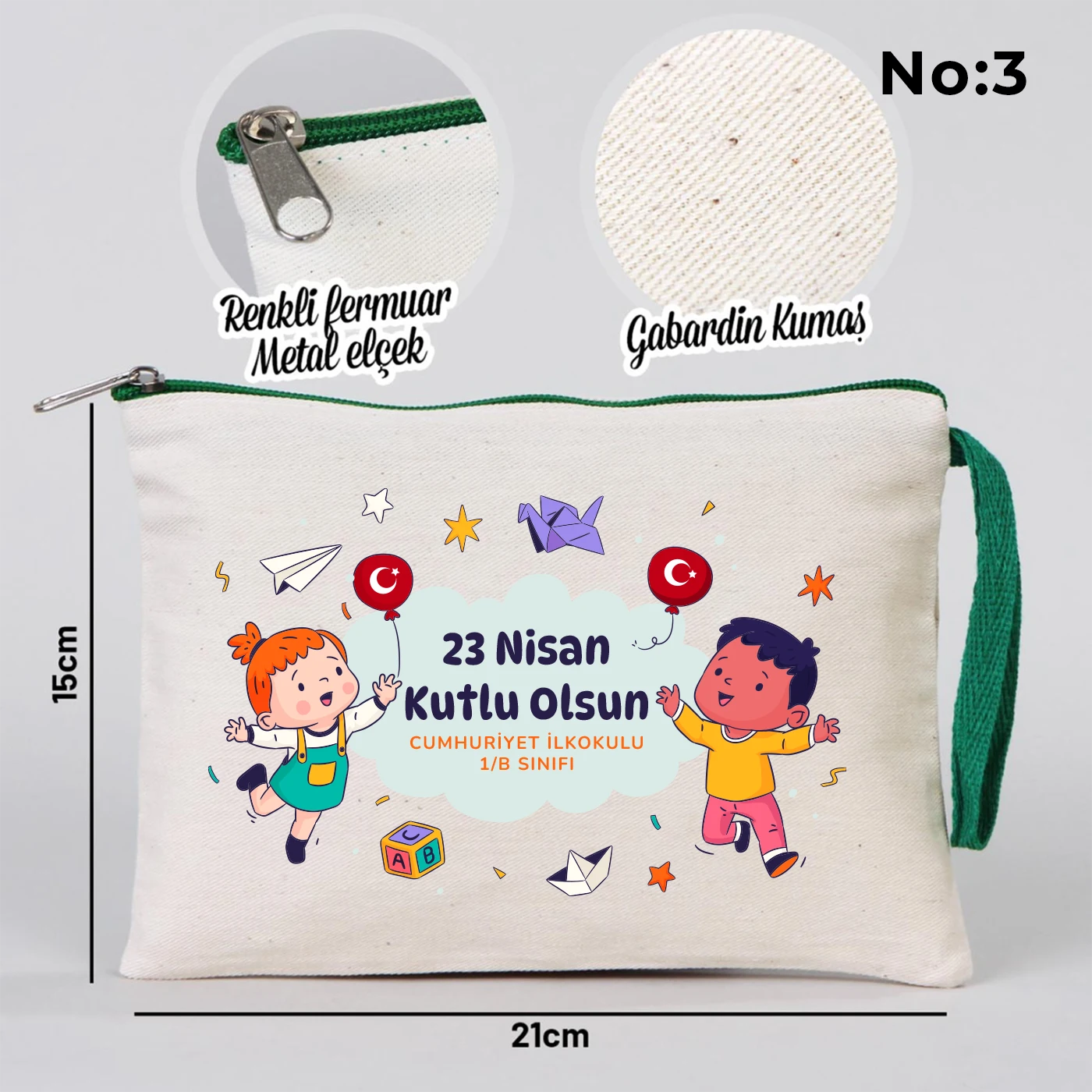 23 Nisan temalı 21x15 cm fermuarlı bez kalemlik üzerinde gökkuşağı, güneş ve uçaklı çocuk illüstrasyonu ile “23 Nisan Kutlu Olsun” yazısı ve okul - sınıf özelleştirilebilir alan.