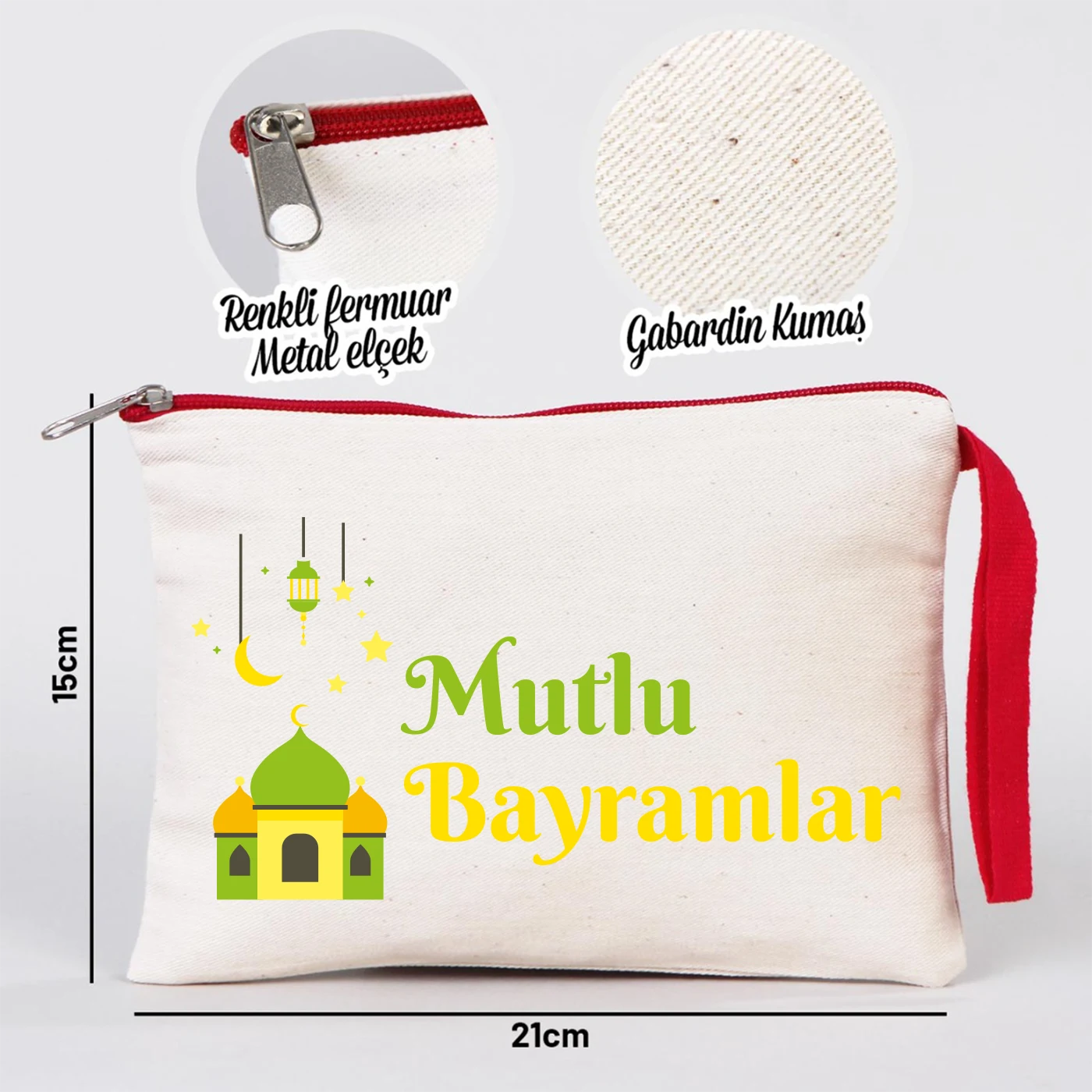 21x15 cm krem kanvas clutch çanta, kırmızı fermuar ve askılı, fener ve Bayram tatlıları desenli İyi Bayramlar baskılı