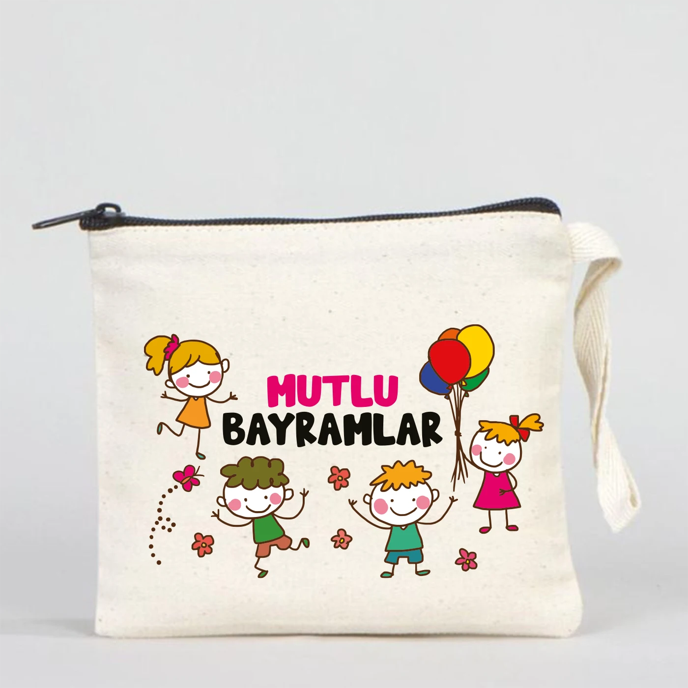  Fermuarlı kanvas clutch çanta üzerinde Mutlu Bayramlar baskısı