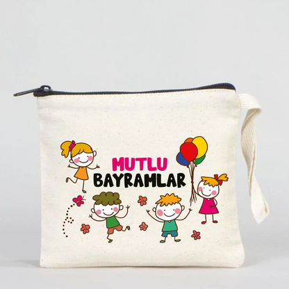  Fermuarlı kanvas clutch çanta üzerinde Mutlu Bayramlar baskısı